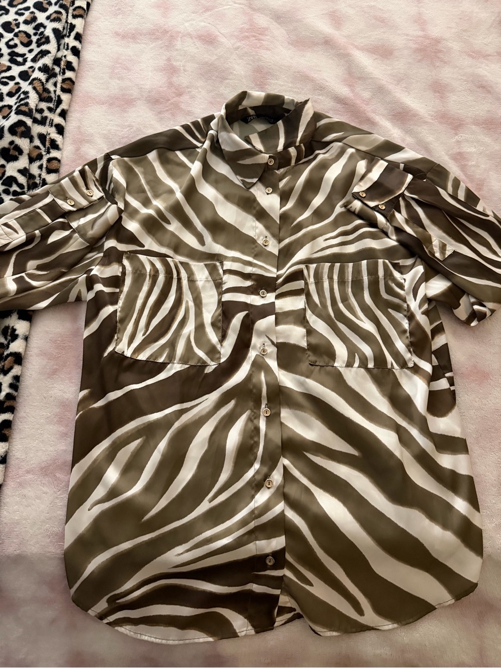 Zara Olive Zebra-Print Button-Up Shirt